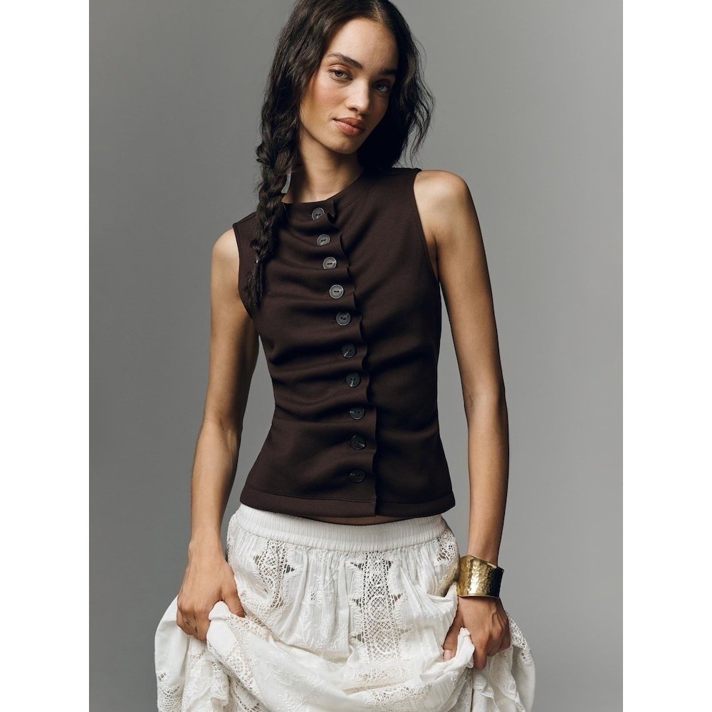 Anthropologie Brown Ruched Sleeveless Buttondown Top NWT SIZE XS